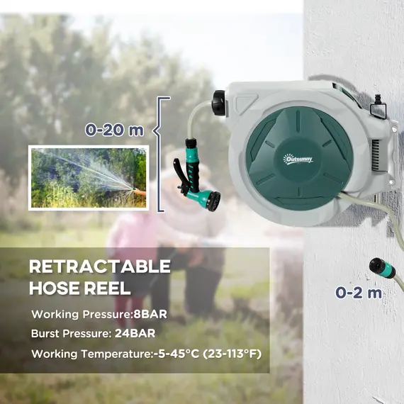 Buy Retractable Hose Reel Wall Mounted, 20+2m Garden Hose Pipe Reel with Lock, Auto Rewind, 7 in 1 Spray Nozzle, Includes Wall Fixings, 180° Swivel, Outdoor Watering, 54 x 20 x 39 cm, Light Grey, 4 image