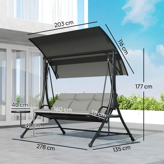 Buy Three-Seater Garden Swing, with Adjustable Canopy - Black/Grey, 3 image