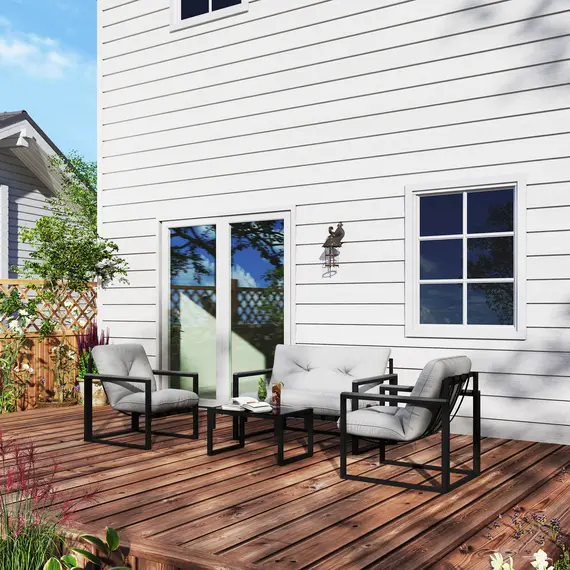 Buy Outsunny Garden Furniture Set, 4 Piece Indoor Outdoor Conservatory with Loveseat Sofa, Armchairs, Glass Top Coffee Table, Cushions for Balcony, Poolside, Patio, Dark Grey, 2 image