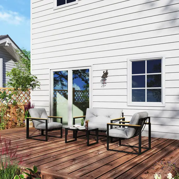 Buy Outsunny Garden Furniture Set, 4 Piece Indoor Outdoor Conservatory with Loveseat Sofa, Armchairs, Glass Top Coffee Table, Cushions for Balcony, Poolside, Patio, Light Grey, 9 image