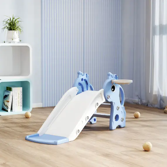 Buy 3 in 1 Kids Slide with Climber, Basketball Hoop and Ball, Giraffe Shape Climber Slide for Indoor Kids Age 1-3, Blue, 9 image
