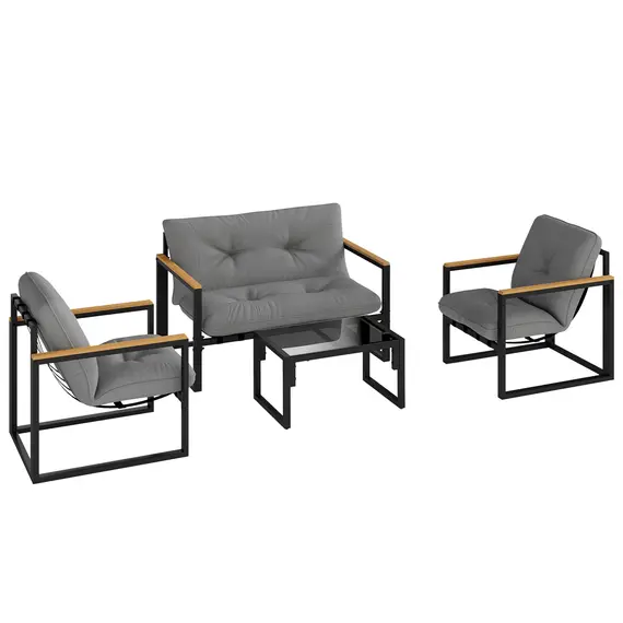 Buy Outsunny Garden Furniture Set, 4 Piece Indoor Outdoor Conservatory with Loveseat Sofa, Armchairs, Glass Top Coffee Table, Cushions for Balcony, Poolside, Patio, Light Grey