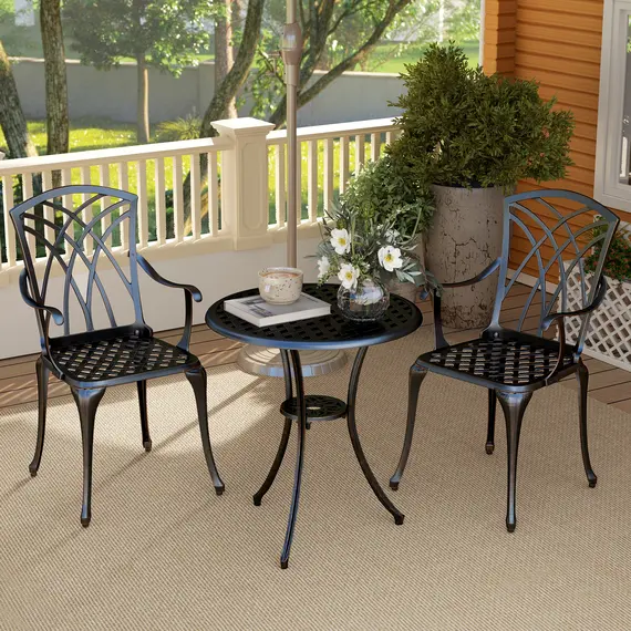 Buy Outsunny 3 Pieces Garden Dining Set for 2, Cast Aluminium Outdoor Dining Set with 2 Armchairs and Round Dining Table with Parasol Hole, Garden Furniture Bistro Set, Bronze Tone, 9 image