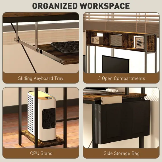 Buy 160cm Reversible L Shaped Desk with Power Outlet, Industrial Corner Desk with Keyboard Tray, Rustic Brown, 6 image