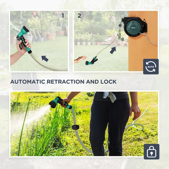 Buy Retractable Hose Reel Wall Mounted, 30+2m Garden Hose Pipe Reel with Lock, Auto Rewind, 7 in 1 Spray Nozzle, Includes Wall Fixings, 180° Swivel, Outdoor Watering, 59 x 23 x 42 cm, Green, 6 image