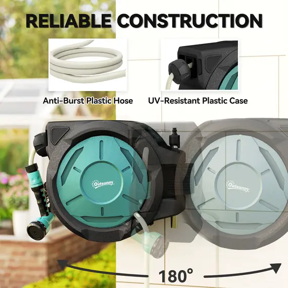Buy Retractable Hose Reel Wall Mounted, 20+2m Garden Hose Pipe Reel with Lock, Auto Rewind, 7 in 1 Spray Nozzle, Includes Wall Fixings, 180° Swivel, Outdoor Watering, 54 x 20 x 39 cm, Black, 5 image