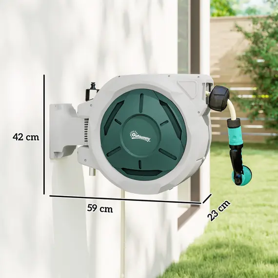 Buy Retractable Hose Reel Wall Mounted, 30+2m Garden Hose Pipe Reel with Lock, Auto Rewind, 7 in 1 Spray Nozzle, Includes Wall Fixings, 180° Swivel, Outdoor Watering, 59 x 23 x 42 cm, Grey, 3 image