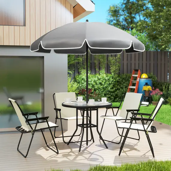 Buy Outsunny 4 Seater Garden Furniture Set, 6 Pieces Garden Table and Chairs with Parasol, Outdoor Garden Dining Set with Folding Chairs and Round Glass Top Table for Patio, Cream White, 9 image