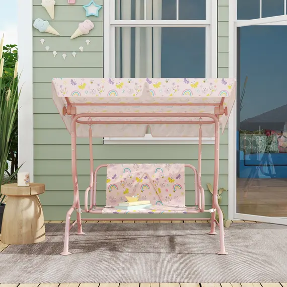 Buy AIYAPLAY Kids Garden Swing Chair with Adjustable Canopy, Safety Belt, 2 Seater Hammock Swing Bench for Patio, Porch, Pink, 8 image