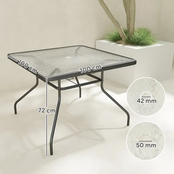 Buy Outsunny Square Garden Dining Table with Tempered Glass Top & Umbrella Hole, 100 x 100 cm, 3 image