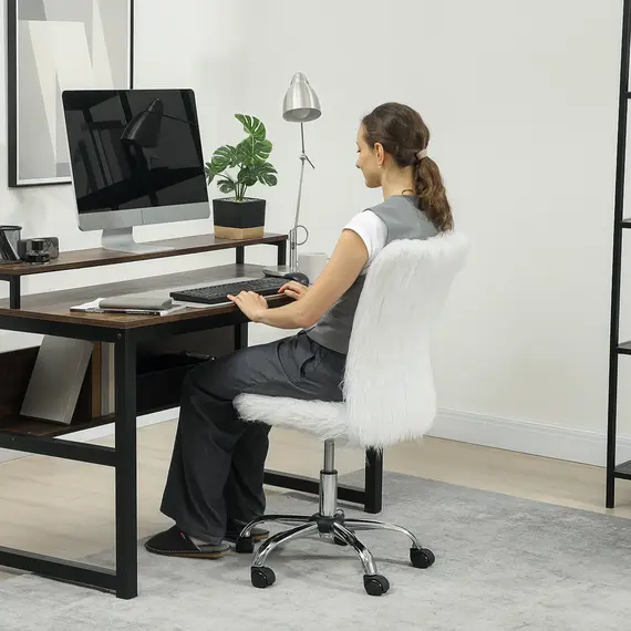 Buy Plush Office Desk Chair, Modern Armless Swivel Vanity Chair with Adjustable Height for Home Office, Bedroom, Living Room, White, 9 image