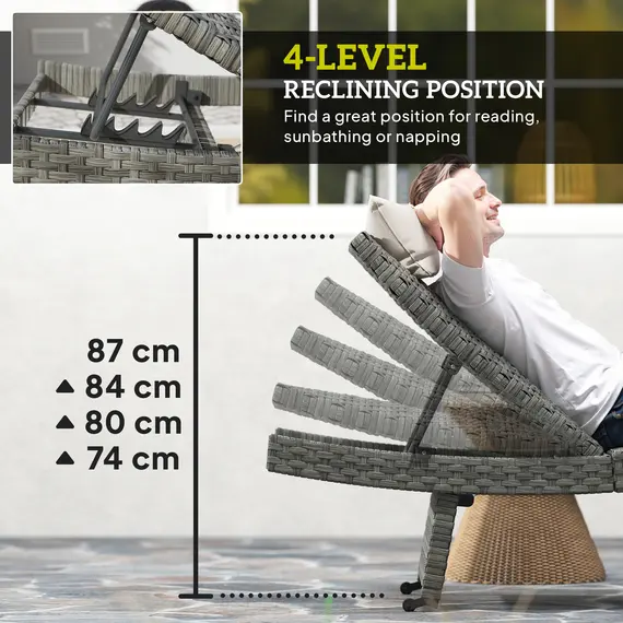 Buy Outsunny Outdoor PE Rattan Sun Lounger, Folding Wicker Garden Lounger Recliner with 4-Level Adjustable Backrest, Rolling Sunbed Lounge Chair with Wheels, Non-Slip Legs for Balcony, Beach, Mixed-grey, 5 image