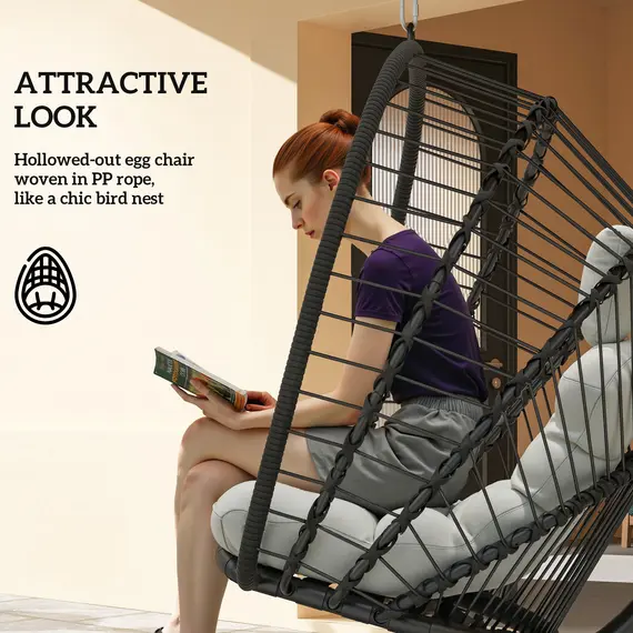 Buy Outsunny Outdoor PE Rattan Swing Chair with Foldable Basket and Cushion, Garden Patio Hanging Egg Chair with Metal Stand, Headrest for Indoor and Outdoor, Black, 6 image