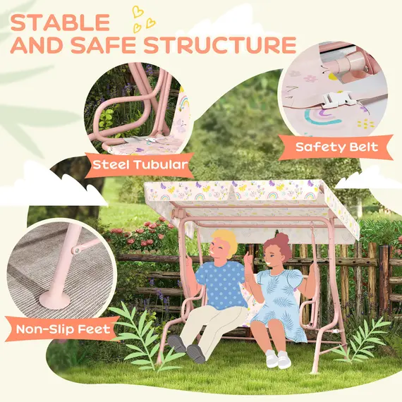 Buy AIYAPLAY Kids Garden Swing Chair with Adjustable Canopy, Safety Belt, 2 Seater Hammock Swing Bench for Patio, Porch, Pink, 4 image