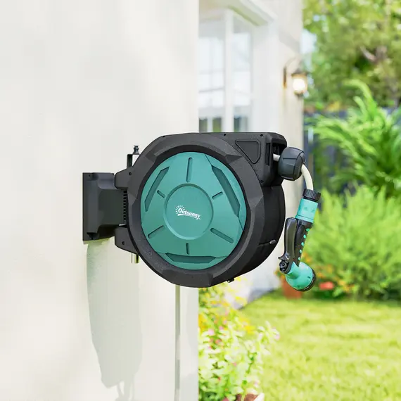 Buy Retractable Hose Reel Wall Mounted, 20+2m Garden Hose Pipe Reel with Lock, Auto Rewind, 7 in 1 Spray Nozzle, Includes Wall Fixings, 180° Swivel, Outdoor Watering, 54 x 20 x 39 cm, Black, 9 image