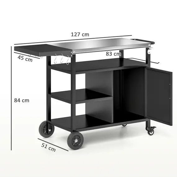Buy Outsunny Outdoor BBQ Trolley with Foldable Side Table, Stainless Steel Top, Outdoor Kitchen with Wheels Hooks Shelves Cabinet, Pizza Oven Table Movable Barbecue Grill Dining Cart with Cover, Black, 3 image