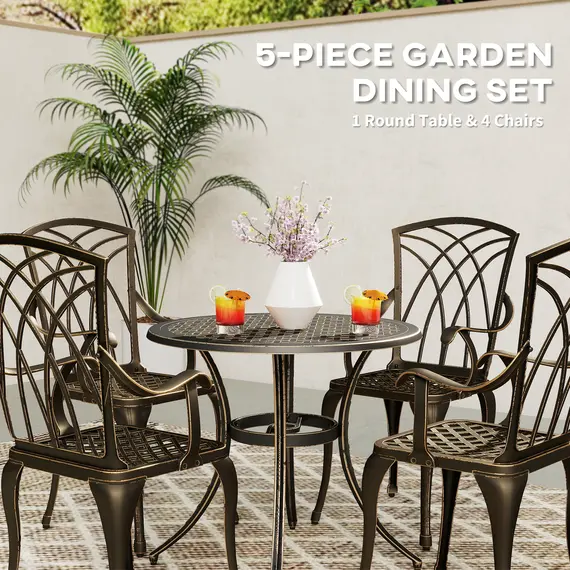 Buy Outsunny 5 Pieces Garden Dining Set for 4, Cast Aluminium Outdoor Dining Set with 4 Armchairs and Round Dining Table with Parasol Hole, Garden Furniture Bistro Set, Bronze Tone, 4 image