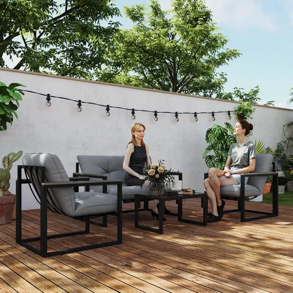 Buy Outsunny Garden Furniture Set, 4 Piece Indoor Outdoor Conservatory with Loveseat Sofa, Armchairs, Glass Top Coffee Table, Cushions for Balcony, Poolside, Patio, Dark Grey, 9 image
