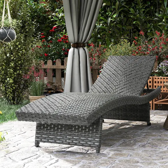 Buy Outsunny Outdoor PE Rattan Sun Lounger, Folding Wicker Garden Lounger Recliner with 4-Level Adjustable Backrest, Rolling Sunbed Lounge Chair with Wheels, Non-Slip Legs for Balcony, Beach, Mixed-grey, 9 image