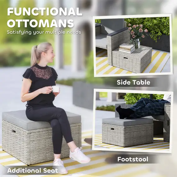 Buy 5 Piece Rattan Garden Furniture Set with Storage Table, Footstools, Cushions, Grey, 6 image
