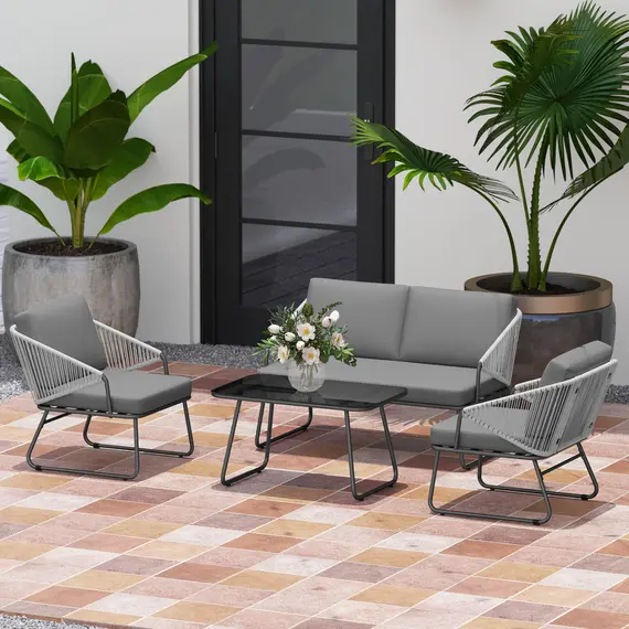 Buy Outsunny Four-Piece Rattan Strong Panel Outdoor Sofa Set - Grey, 9 image