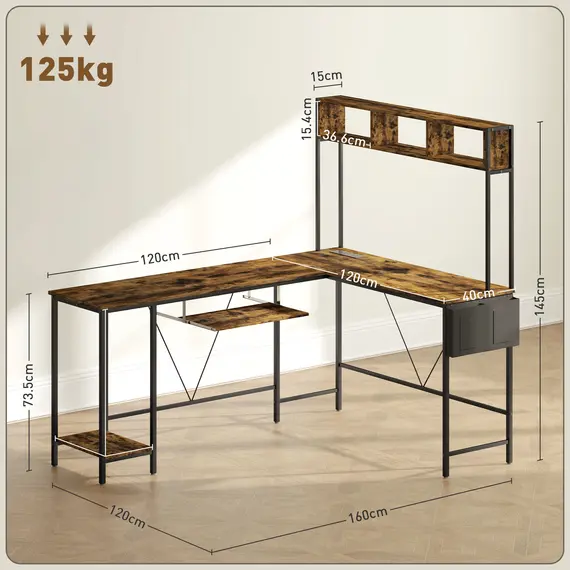 Buy 160cm Reversible L Shaped Desk with Power Outlet, Industrial Corner Desk with Keyboard Tray, Rustic Brown, 3 image