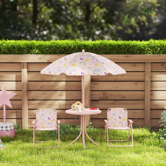 Buy AIYAPLAY 4-Piece Kids Garden Table and Chair Set with Adjustable Parasol, Folding Chairs, Table, Rainbow Pattern, Pink, 7 image