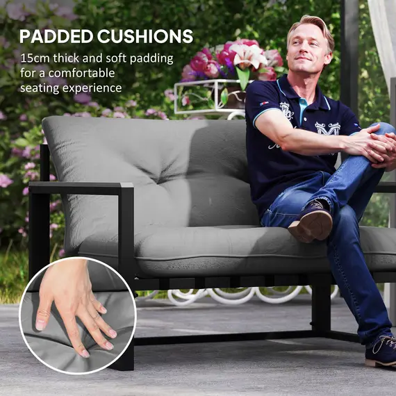Buy Outsunny Garden Furniture Set, 4 Piece Indoor Outdoor Conservatory with Loveseat Sofa, Armchairs, Glass Top Coffee Table, Cushions for Balcony, Poolside, Patio, Dark Grey, 6 image