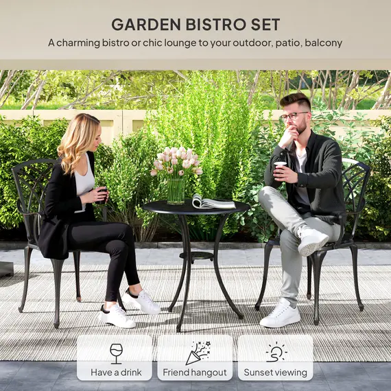 Buy Outsunny 3 Pieces Garden Dining Set for 2, Cast Aluminium Outdoor Dining Set with 2 Armchairs and Round Dining Table with Parasol Hole, Garden Furniture Bistro Set, Bronze Tone, 4 image