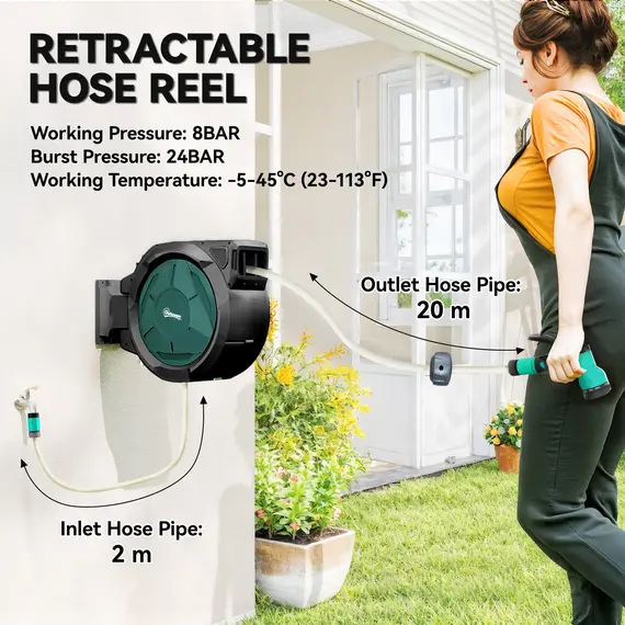 Buy Retractable Hose Reel Wall Mounted, 20+2m Garden Hose Pipe Reel with Lock, Auto Rewind, 7 in 1 Spray Nozzle, Includes Wall Fixings, 180° Swivel, Outdoor Watering, 54 x 20 x 39 cm, Black, 4 image