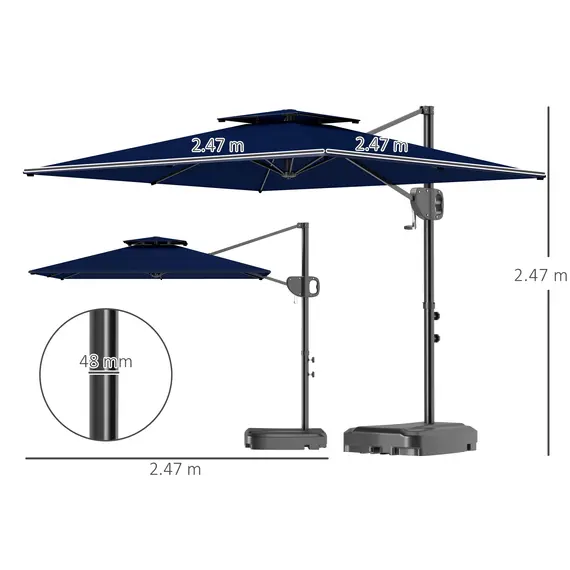 Buy Outsunny Cantilever Parasol with Weighted Base Double Top Garden Parasol Square Hanging Patio Umbrella with Crank Tilt Dark Blue, 3 image