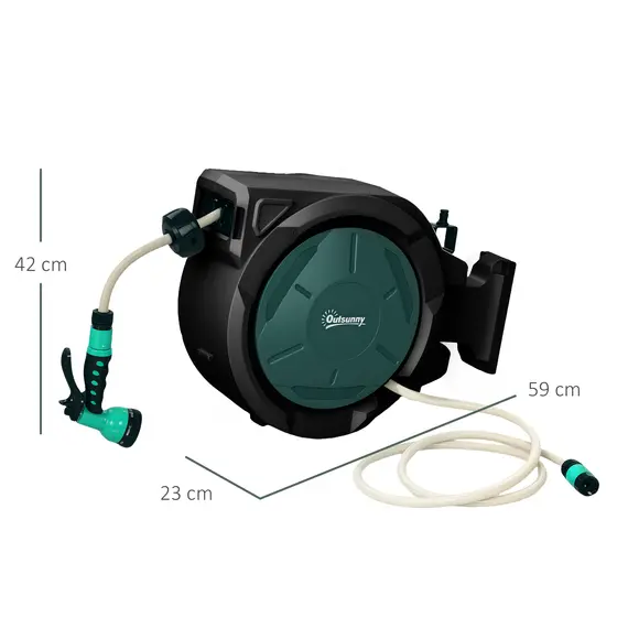 Buy Retractable Hose Reel Wall Mounted, 30+2m Garden Hose Pipe Reel with Lock, Auto Rewind, 7 in 1 Spray Nozzle, Includes Wall Fixings, 180° Swivel, Outdoor Watering, 59 x 23 x 42 cm, Green, 3 image