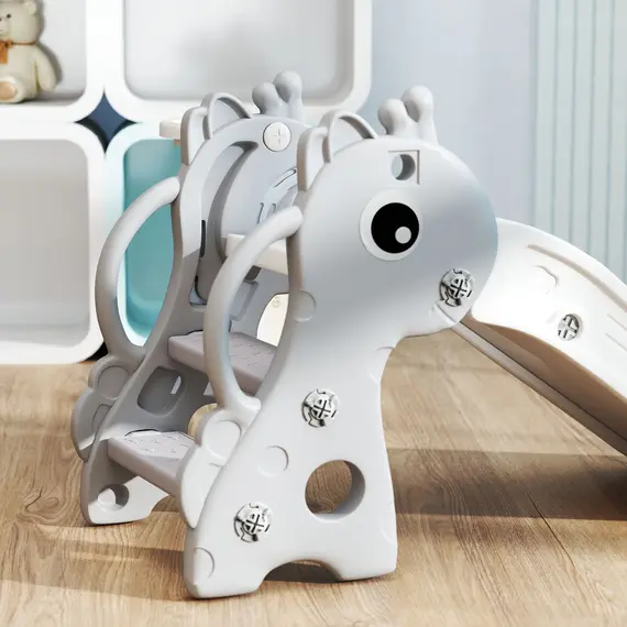 Buy 3 in 1 Kids Slide with Climber, Basketball Hoop and Ball, Giraffe Shape Climber Slide for Indoor Kids Age 1-3, Grey, 8 image