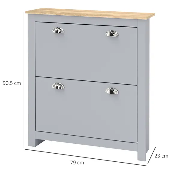 Buy 2 Drawer Shoe Cabinet Modern Narrow Shoe Cupboard Hallway Wooden Storage Organiser with Flip Doors Adjustable Shelf for 6-12 Pairs, Grey, 3 image