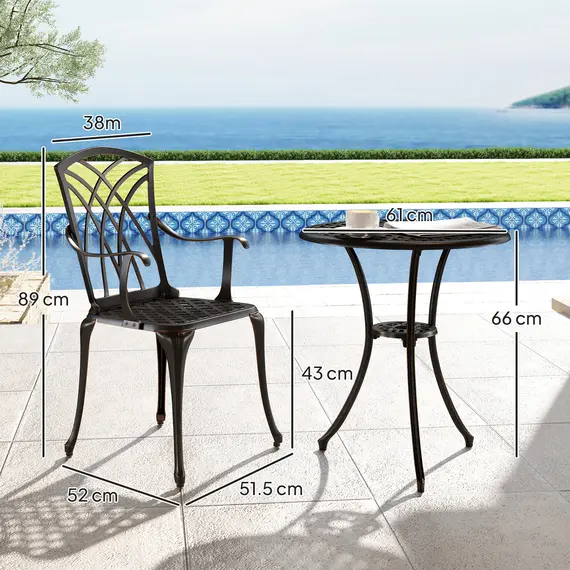 Buy Outsunny 3 Pieces Garden Dining Set for 2, Cast Aluminium Outdoor Dining Set with 2 Armchairs and Round Dining Table with Parasol Hole, Garden Furniture Bistro Set, Bronze Tone, 3 image