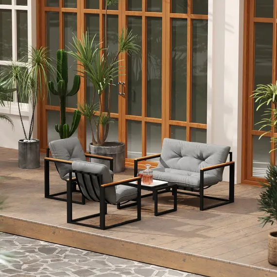 Buy Outsunny Garden Furniture Set, 4 Piece Indoor Outdoor Conservatory with Loveseat Sofa, Armchairs, Glass Top Coffee Table, Cushions for Balcony, Poolside, Patio, Light Grey, 8 image