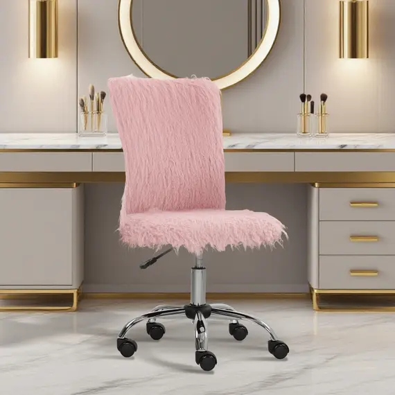 Buy Plush Office Desk Chair, Modern Armless Swivel Vanity Chair with Adjustable Height for Home Office, Bedroom, Living Room, Pink, 2 image