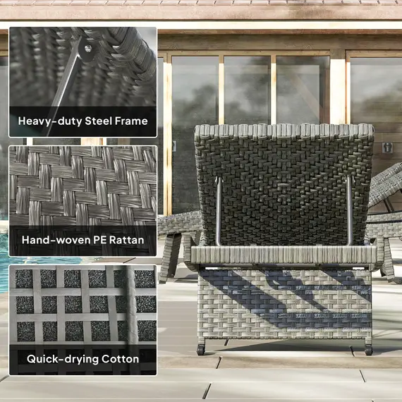 Buy Outsunny Outdoor PE Rattan Sun Lounger, Folding Wicker Garden Lounger Recliner with 4-Level Adjustable Backrest, Rolling Sunbed Lounge Chair with Wheels, Non-Slip Legs for Balcony, Beach, Mixed-grey, 8 image