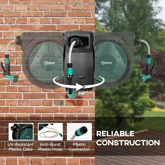 Buy Retractable Hose Reel Wall Mounted, 30+2m Garden Hose Pipe Reel with Lock, Auto Rewind, 7 in 1 Spray Nozzle, Includes Wall Fixings, 180° Swivel, Outdoor Watering, 59 x 23 x 42 cm, Green, 5 image