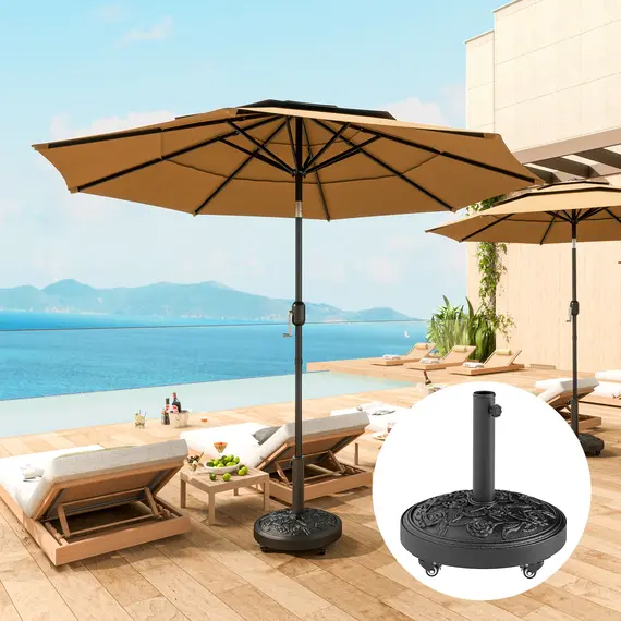 Buy Outsunny Parasol Base, Umbrella Base with Wheels Cast Iron Effect, for Umbrella, Canopy, Weather Resistant, Black, 2 image