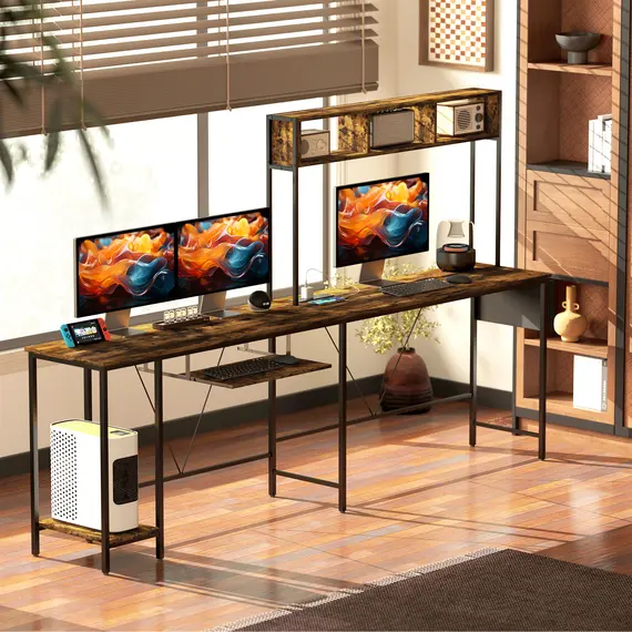 Buy 160cm Reversible L Shaped Desk with Power Outlet, Industrial Corner Desk with Keyboard Tray, Rustic Brown, 8 image
