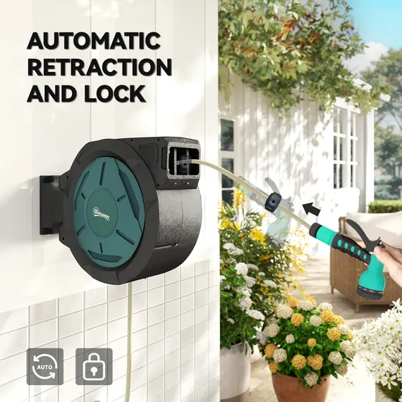 Buy Retractable Hose Reel Wall Mounted, 20+2m Garden Hose Pipe Reel with Lock, Auto Rewind, 7 in 1 Spray Nozzle, Includes Wall Fixings, 180° Swivel, Outdoor Watering, 54 x 20 x 39 cm, Black, 6 image