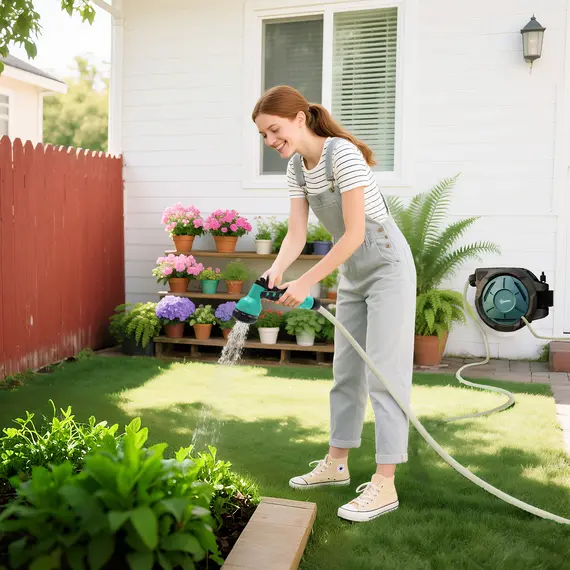 Buy Retractable Hose Reel Wall Mounted, 20+2m Garden Hose Pipe Reel with Lock, Auto Rewind, 7 in 1 Spray Nozzle, Includes Wall Fixings, 180° Swivel, Outdoor Watering, 54 x 20 x 39 cm, Black, 8 image