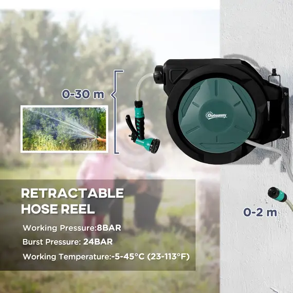 Buy Retractable Hose Reel Wall Mounted, 30+2m Garden Hose Pipe Reel with Lock, Auto Rewind, 7 in 1 Spray Nozzle, Includes Wall Fixings, 180° Swivel, Outdoor Watering, 59 x 23 x 42 cm, Green, 4 image