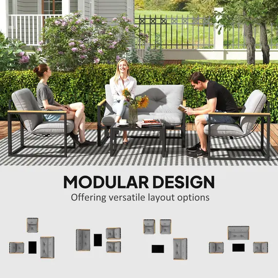 Buy Outsunny Garden Furniture Set, 4 Piece Indoor Outdoor Conservatory with Loveseat Sofa, Armchairs, Glass Top Coffee Table, Cushions for Balcony, Poolside, Patio, Light Grey, 4 image