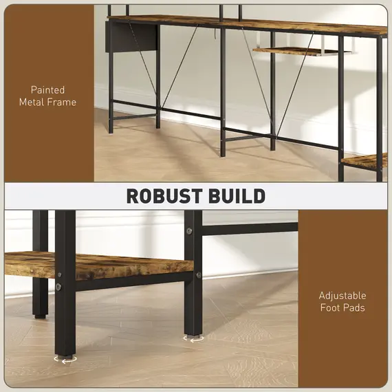 Buy 160cm Reversible L Shaped Desk with Power Outlet, Industrial Corner Desk with Keyboard Tray, Rustic Brown, 7 image