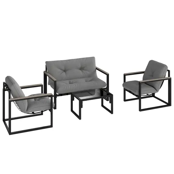 Buy Outsunny Garden Furniture Set, 4 Piece Indoor Outdoor Conservatory with Loveseat Sofa, Armchairs, Glass Top Coffee Table, Cushions for Balcony, Poolside, Patio, Dark Grey