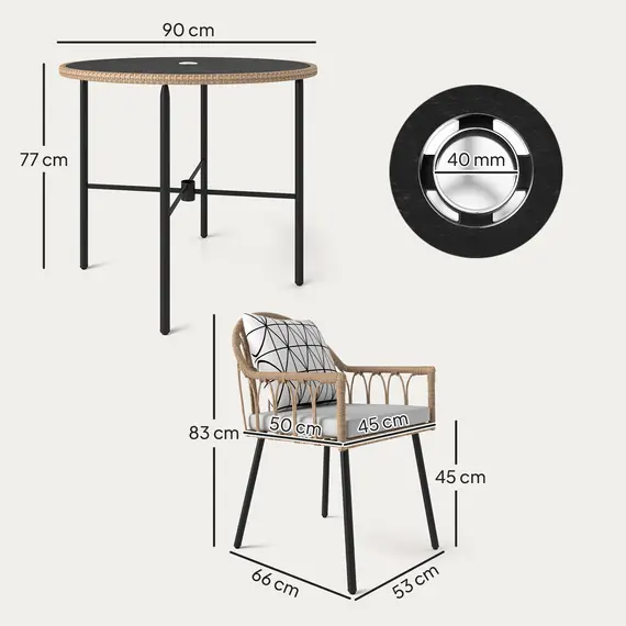 Buy Outsunny 5 Piece Patio Rattan Dining Set, Wicker Garden Table and Chairs w/ Removable Seat & Back Cushions, Round Tempered Glass Tabletop, Parasol Hole, Outdoor Furniture Conservatory Set, Light Brown, 3 image