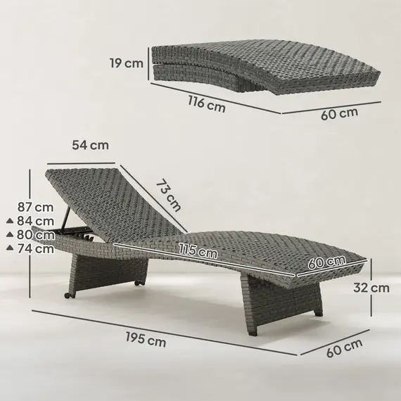 Buy Outsunny Outdoor PE Rattan Sun Lounger, Folding Wicker Garden Lounger Recliner with 4-Level Adjustable Backrest, Rolling Sunbed Lounge Chair with Wheels, Non-Slip Legs for Balcony, Beach, Mixed-grey, 3 image