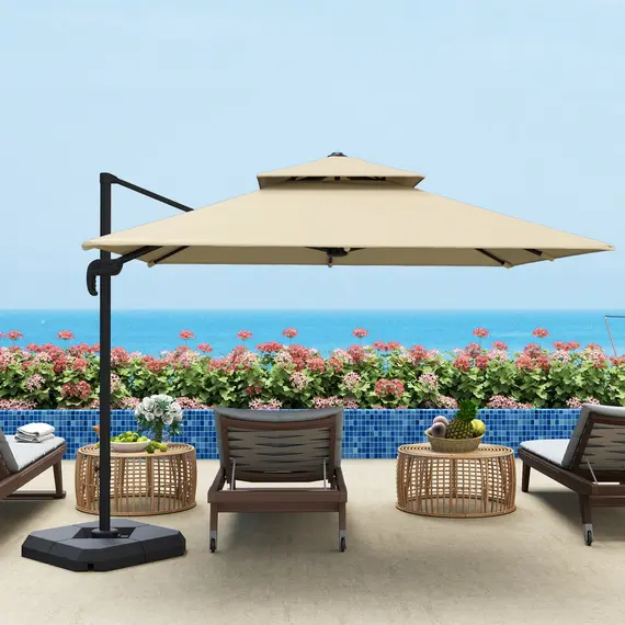 Buy Outsunny 2.7 x 2.7 m Cantilever Parasol with Aluminium Frame, Crank and Tilt, 360-Degree Rotation, Double Top Garden Umbrella with Base and Cover, Khaki, 8 image